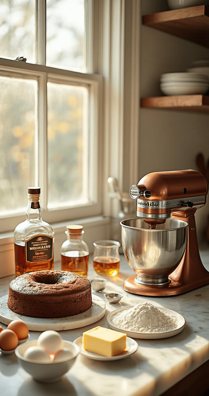 A well-lit professional kitchen showcasing the preparation for a chocolate whiskey cake, with neatly arranged ingredients including premium whiskey, flour, cocoa powder, and butter on a marble countertop, alongside a copper stand mixer and measuring tools.