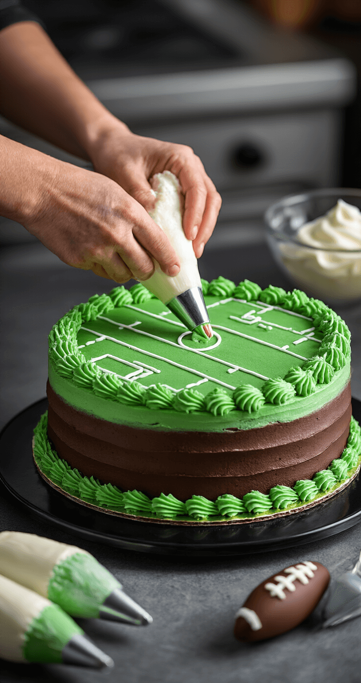 Close-up of hands piping green buttercream onto a chocolate cake to resemble a football field, with a sleek black turntable, professional kitchen background, and decorating tools nearby.