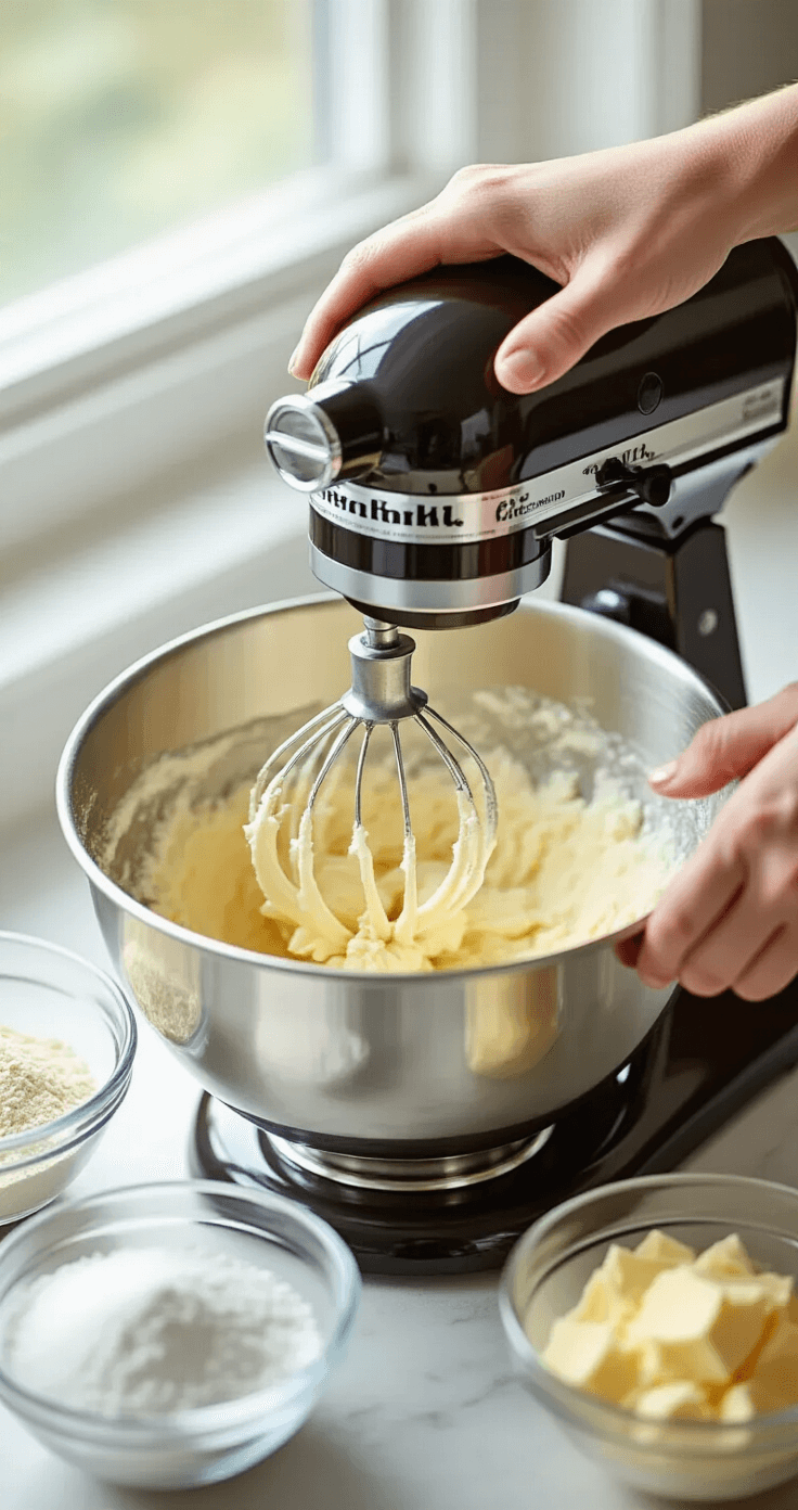 Close-up of hands creaming butter and sugar in a stand mixer bowl, showing a light, fluffy mixture with vanilla bean specks, illuminated by soft natural light from a kitchen window.