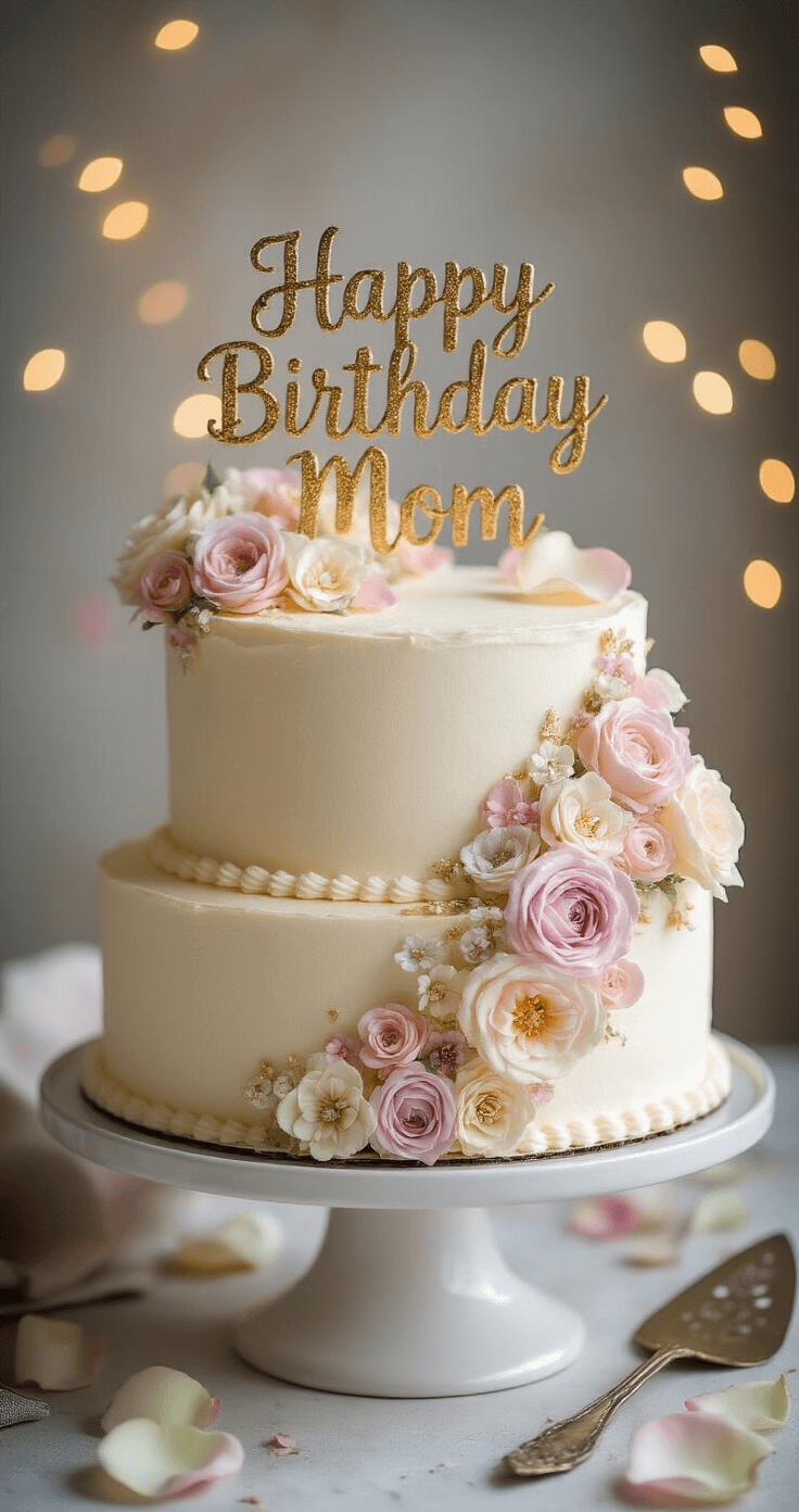 Overhead view of a two-layer birthday cake on a white ceramic stand, decorated with pastel buttercream flowers and gold-dusted lettering that reads 'Happy Birthday Mom', surrounded by rose petals and vintage baking tools in a softly lit background.
