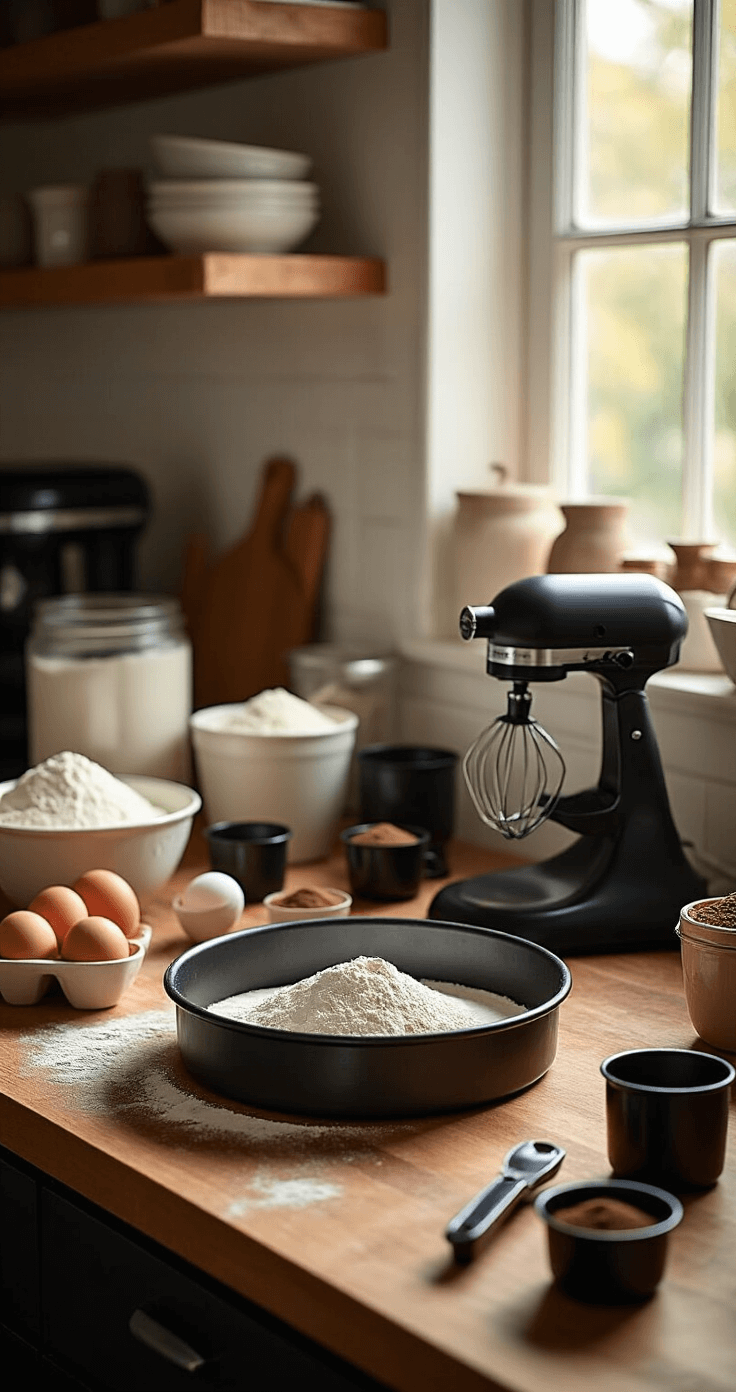 A professional kitchen countertop illuminated by natural light, showcasing neatly arranged baking ingredients including flour, cocoa powder, and eggs. A black 9-inch cake pan and a premium electric mixer are featured prominently, set against a backdrop of a dark wooden cutting board and matte black measuring cups, conveying precision and craftsmanship.