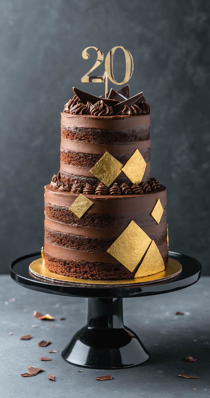 A luxurious chocolate mud cake on a black stand with geometric gold leaf accents and chocolate shavings, set against a dark backdrop, featuring a subtle sports-themed topper.