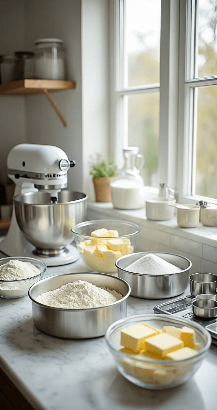 A bright professional kitchen with neatly arranged measured ingredients, spotless cake pans, a stand mixer, and natural light streaming through a window, emphasizing an organized mise en place.
