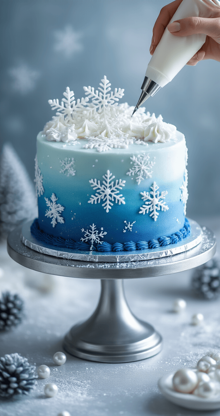 A blue ombré cake with a silver stand, decorated with white fondant snowflakes and intricate ice crystal piping, sparkling with edible glitter in a soft, cool winter atmosphere.