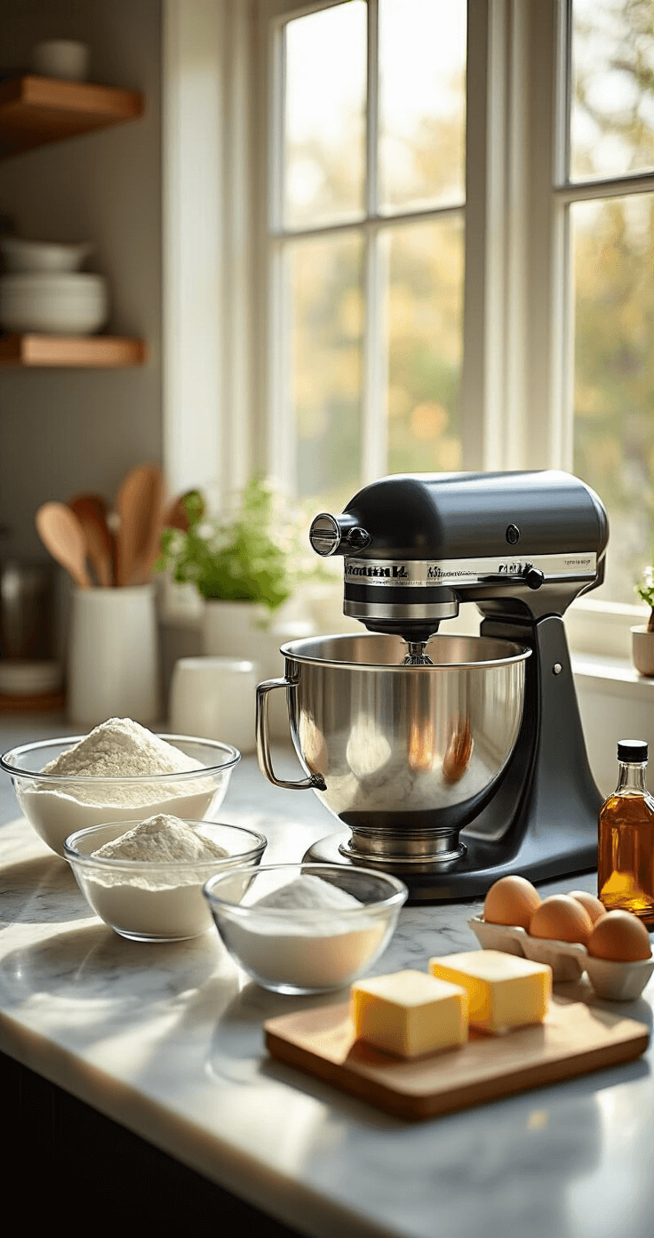 A sunlit modern kitchen with a marble countertop featuring ingredients for baking, including flour, sugar, eggs, and butter in glass bowls, alongside a stand mixer and neatly arranged baking tools.
