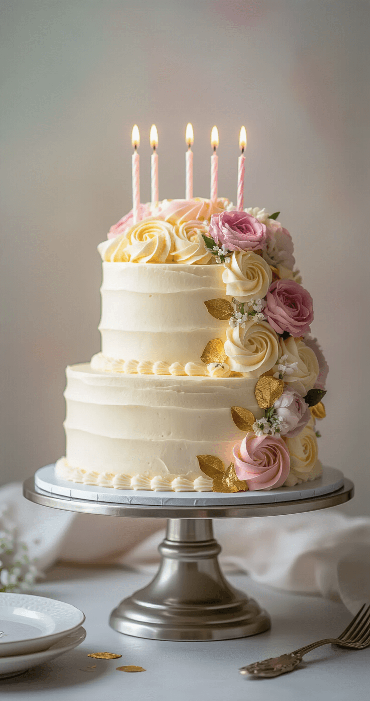 A three-layer birthday cake on a silver stand, decorated with pastel buttercream, piped rosettes, fresh flowers, edible gold leaf, and custom candles, set against a soft-focus background with professional lighting.
