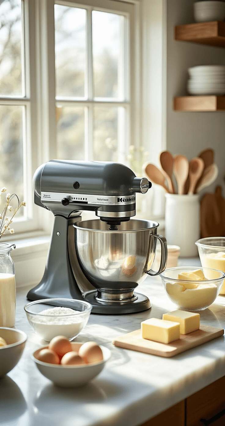 A bright modern kitchen setup for baking, featuring a stand mixer, glass bowls with measured ingredients, and natural light illuminating room-temperature butter and eggs on a marble countertop.