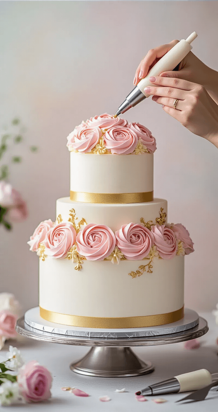 Close-up of hands piping pink and gold buttercream roses onto a three-tiered white cake on a silver stand, with scattered fresh flowers and professional tools against a soft-focus pastel background.