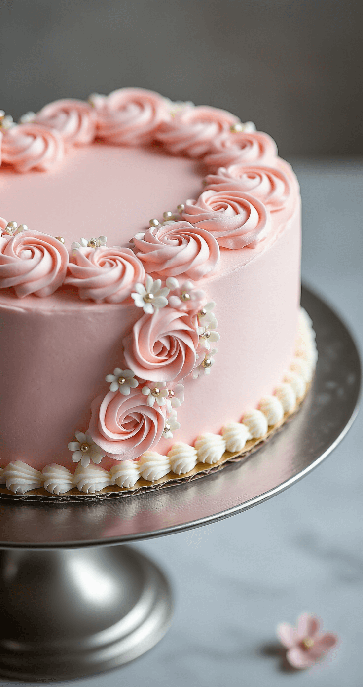 A heart-shaped cake with pink buttercream frosting, white piped rosettes, pearled borders, sugar flowers, and metallic dragées on a rotating silver stand under soft lighting.