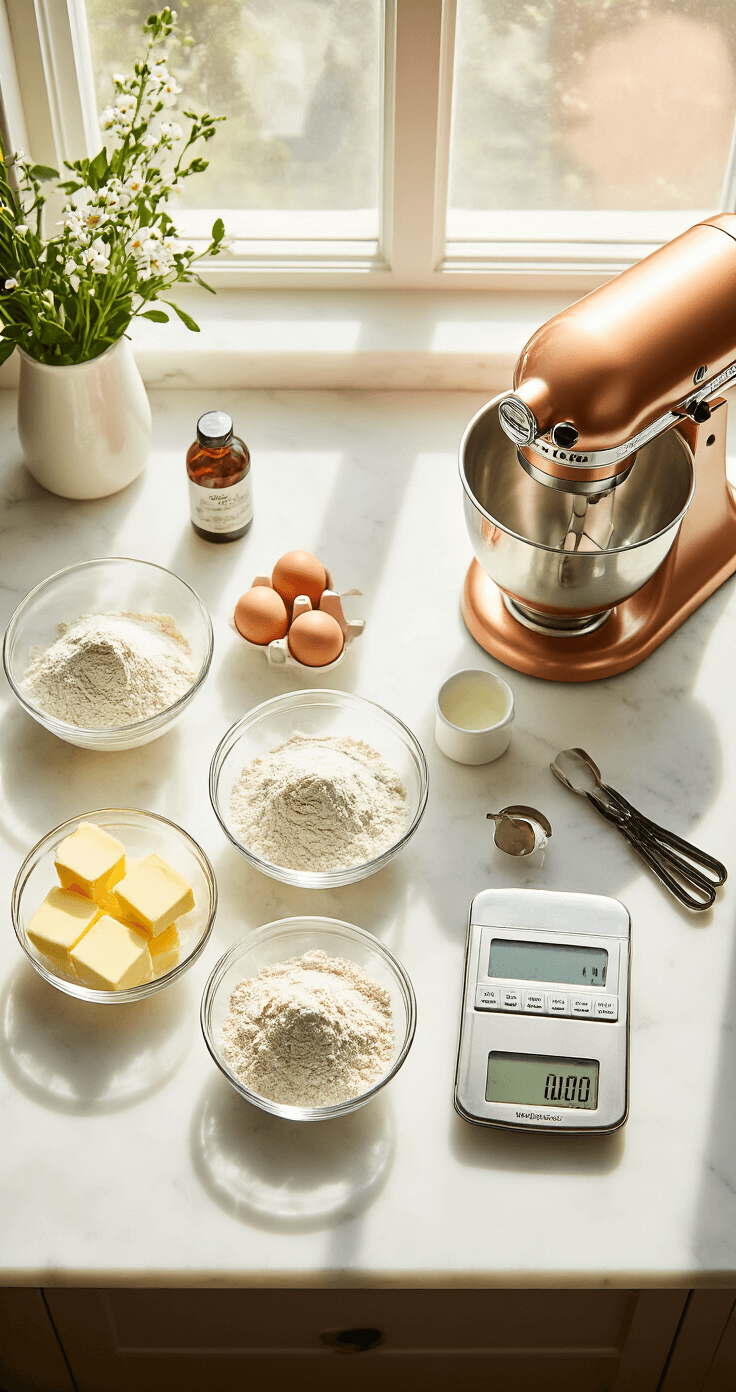 Overhead view of a white marble countertop with neatly arranged baking ingredients including butter, eggs, flour, and vanilla extract, complemented by professional baking tools and natural light creating a warm atmosphere.
