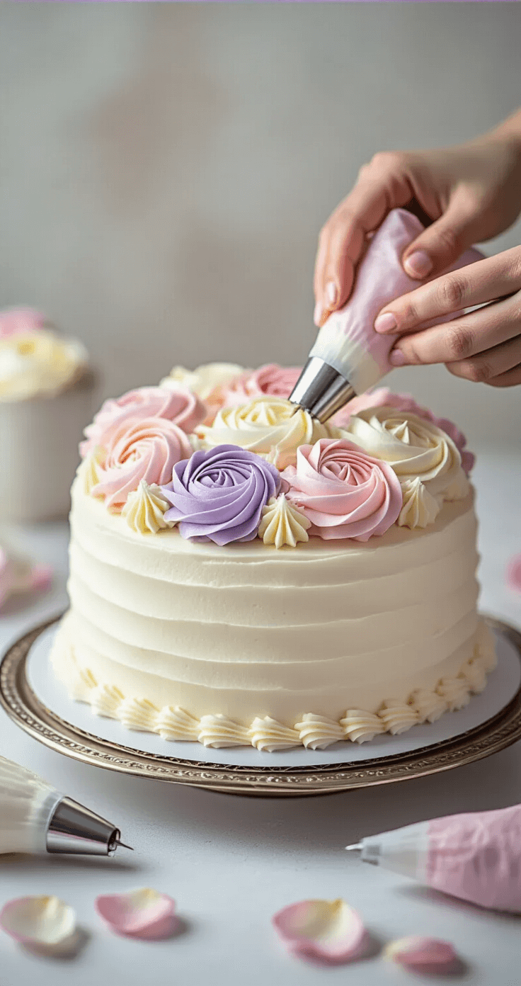 Close-up of hands piping delicate buttercream flowers onto a white frosted cake, with pastel-colored buttercream and various piping tips nearby, soft lighting enhancing the texture, and rose petals on a metallic cake stand.