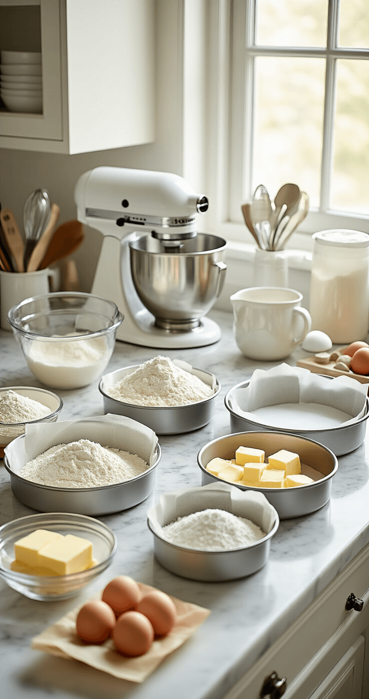 A bright, professional kitchen with measured ingredients arranged on a marble countertop, including glass bowls of flour, sugar, and eggs. Three 8-inch cake pans lined with parchment paper sit nearby, while natural light highlights softened butter. A stand mixer and organized baking tools complete the inviting baking scene.