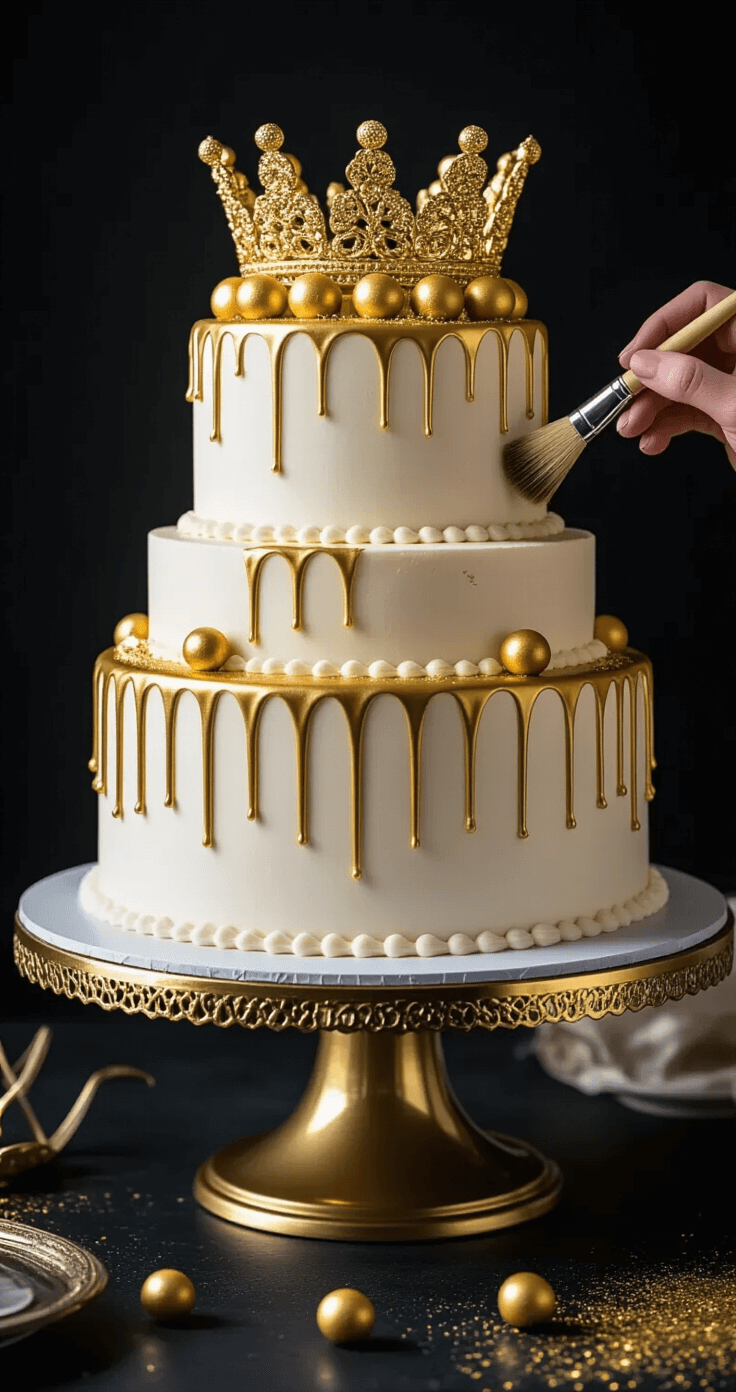 A close-up of a three-tiered white cake with gold drips on a gold stand, adorned with gold gumballs on top and sparkling edible gold dust, as a hand applies final touches against a dark background.