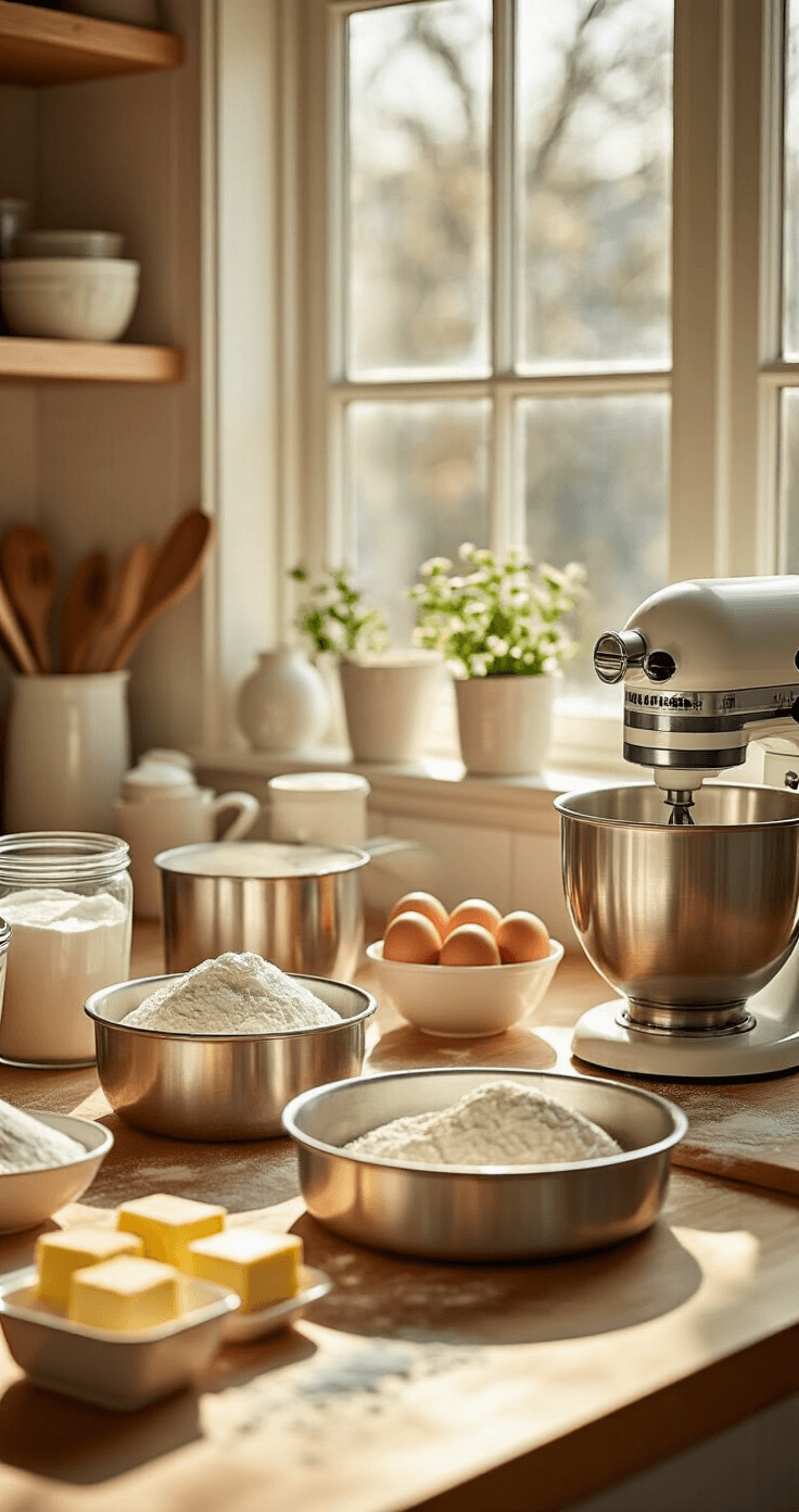 A sunlit kitchen countertop with neatly arranged baking ingredients, including flour, sugar, eggs, and butter, alongside shiny measuring cups and bowls, two greased cake pans, and a modern electric mixer, all illuminated by soft natural light.