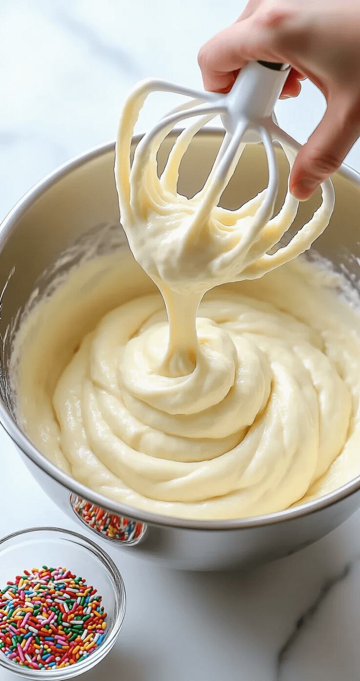 Close-up of fluffy white cake batter being mixed in a stainless steel bowl, with ribbons of batter flowing from a paddle attachment, rainbow sprinkles in a glass bowl nearby, all under soft natural lighting on a marble countertop.