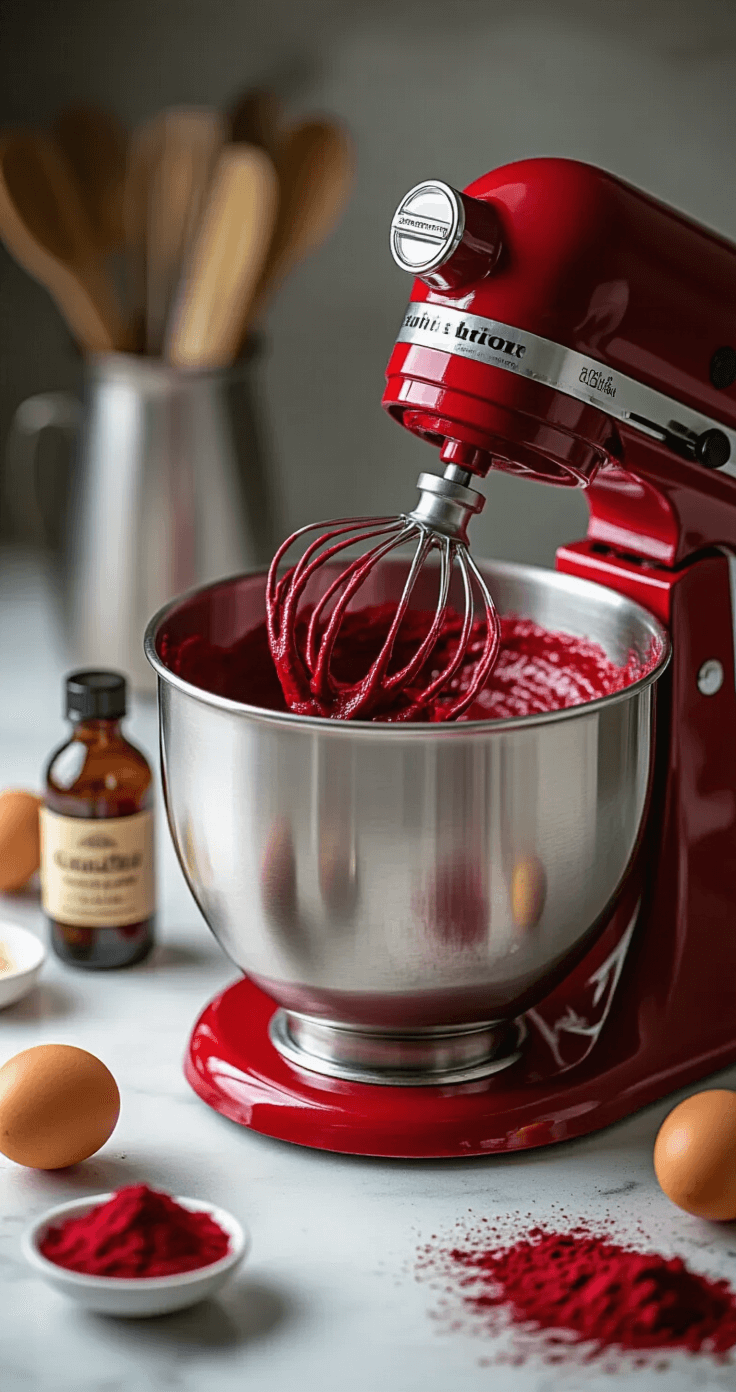 Close-up of rich crimson red velvet cake batter being mixed in a stainless steel bowl, surrounded by scattered ingredients like cocoa powder, vanilla extract, and eggs on a marble countertop, with professional baking tools in the background.