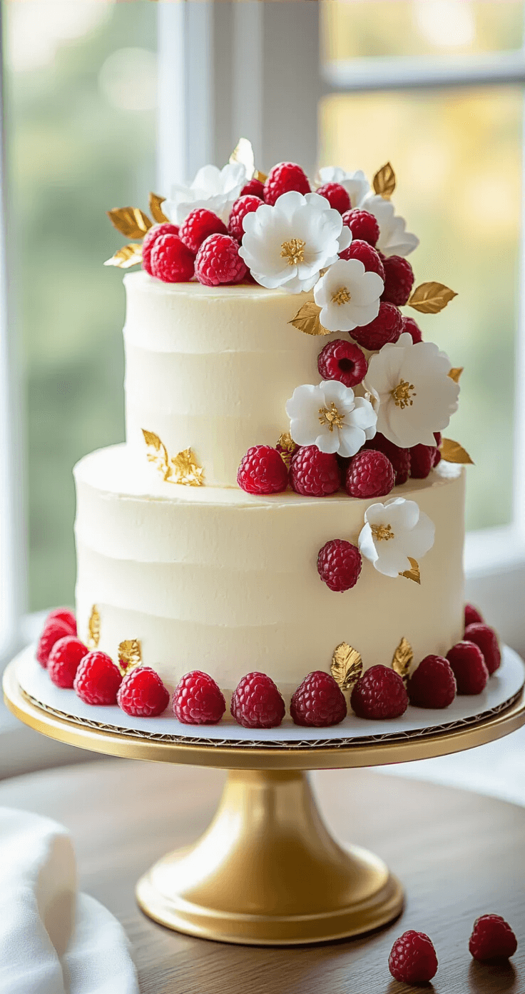 A professional photograph of a two-tier red velvet cake on a gold cake stand, featuring smooth cream cheese frosting, gold leaf accents, fresh raspberries, and white sugar flowers, with a soft bokeh background.