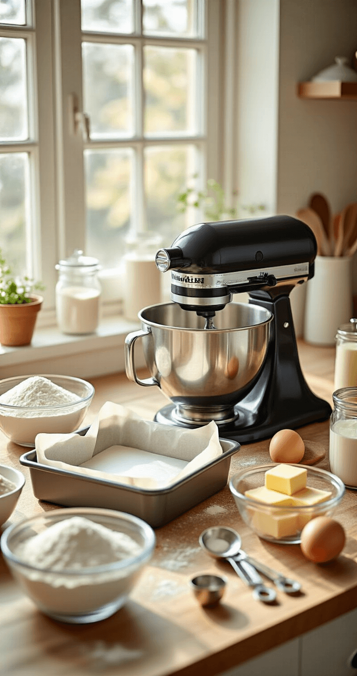Close-up of a well-organized kitchen workspace featuring a heart-shaped cake tin, measured ingredients in glass bowls, and a stand mixer, all illuminated by natural light.