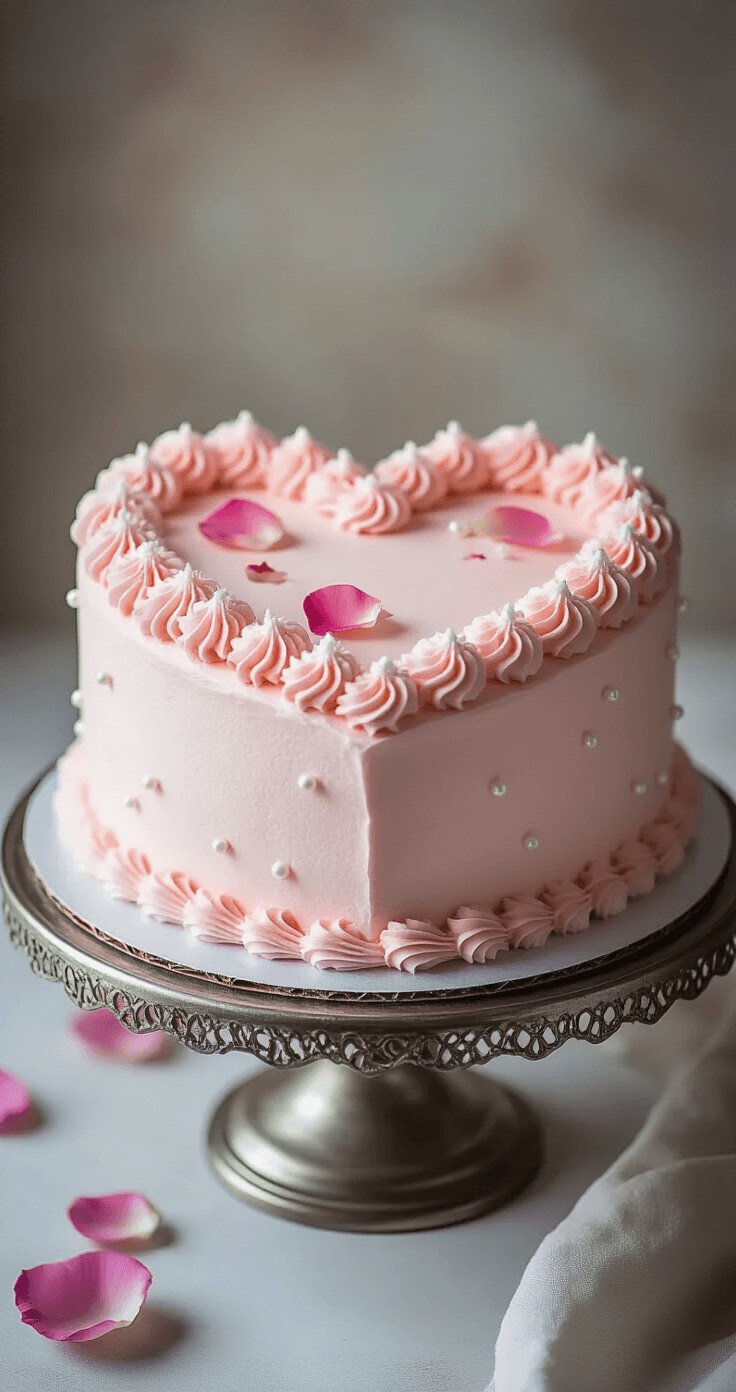 A beautifully decorated heart-shaped cake with smooth pink buttercream frosting, white rosette piping, edible pearls, and fresh rose petals, displayed on a vintage silver cake stand with soft backlighting.