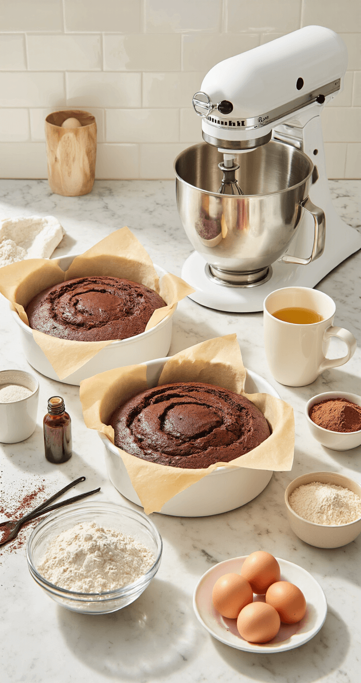 A sunlit kitchen with a marble countertop showcases ingredients for a chocolate cake, including two lined cake pans, cocoa powder, flour dust patterns, fresh eggs, vanilla extract, and a steaming cup of boiling water, with a professional stand mixer in the background.