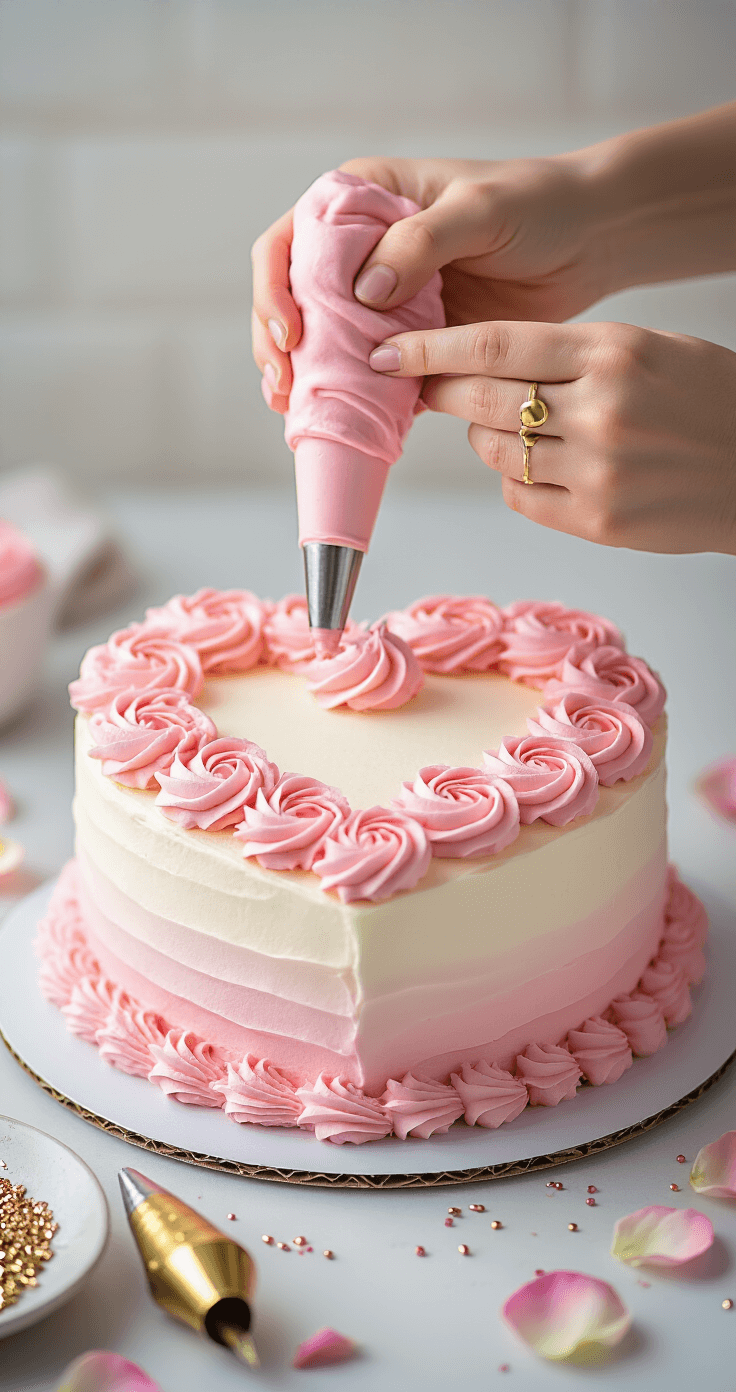 Close-up of hands piping pink buttercream roses onto a heart-shaped cake with a gradient frosting, surrounded by decorative tools and romantic accents like rose petals and metallic sprinkles.