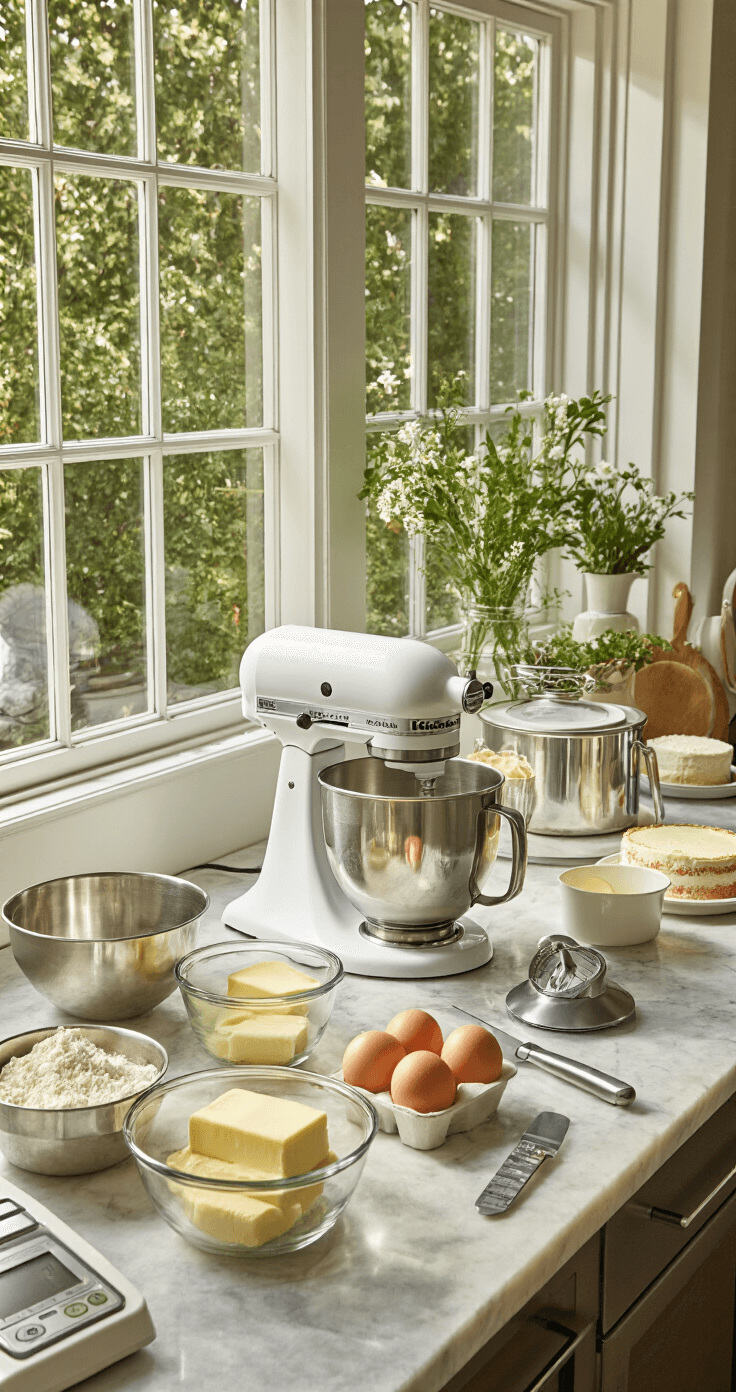 Professional kitchen setup for baking a wedding cake, with natural light, organized ingredients in glass bowls, a KitchenAid stand mixer, and cake-making tools on a marble countertop.