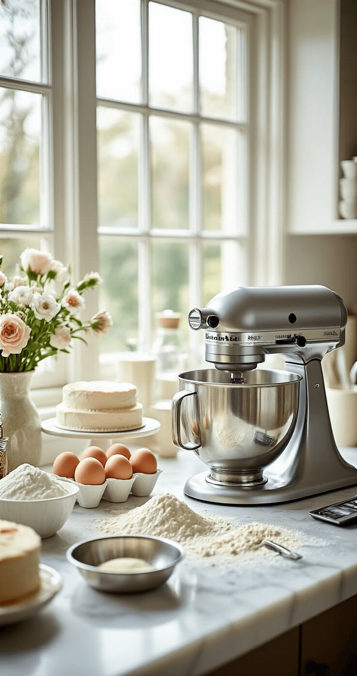 A bright kitchen workspace featuring a marble countertop with baking ingredients, a KitchenAid mixer, measuring tools, and fresh flowers, creating an elegant baking atmosphere.