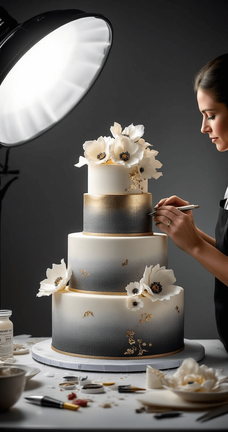 A master pastry chef decorates a three-tier modern wedding cake with intricate Lambeth-style piping under dramatic studio lighting, showcasing a gradient monochrome texture, edible metallic accents, wafer paper flowers, and hand-painted details in a well-equipped workspace.
