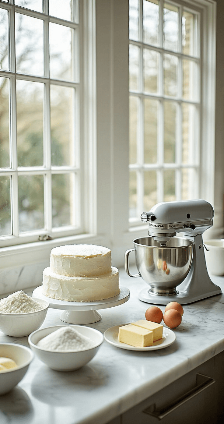 A bright professional kitchen with a marble countertop showcasing ingredients for a wedding cake, including bowls of flour, sugar, and eggs, alongside a stand mixer and softening butter, all arranged with organized baking tools.