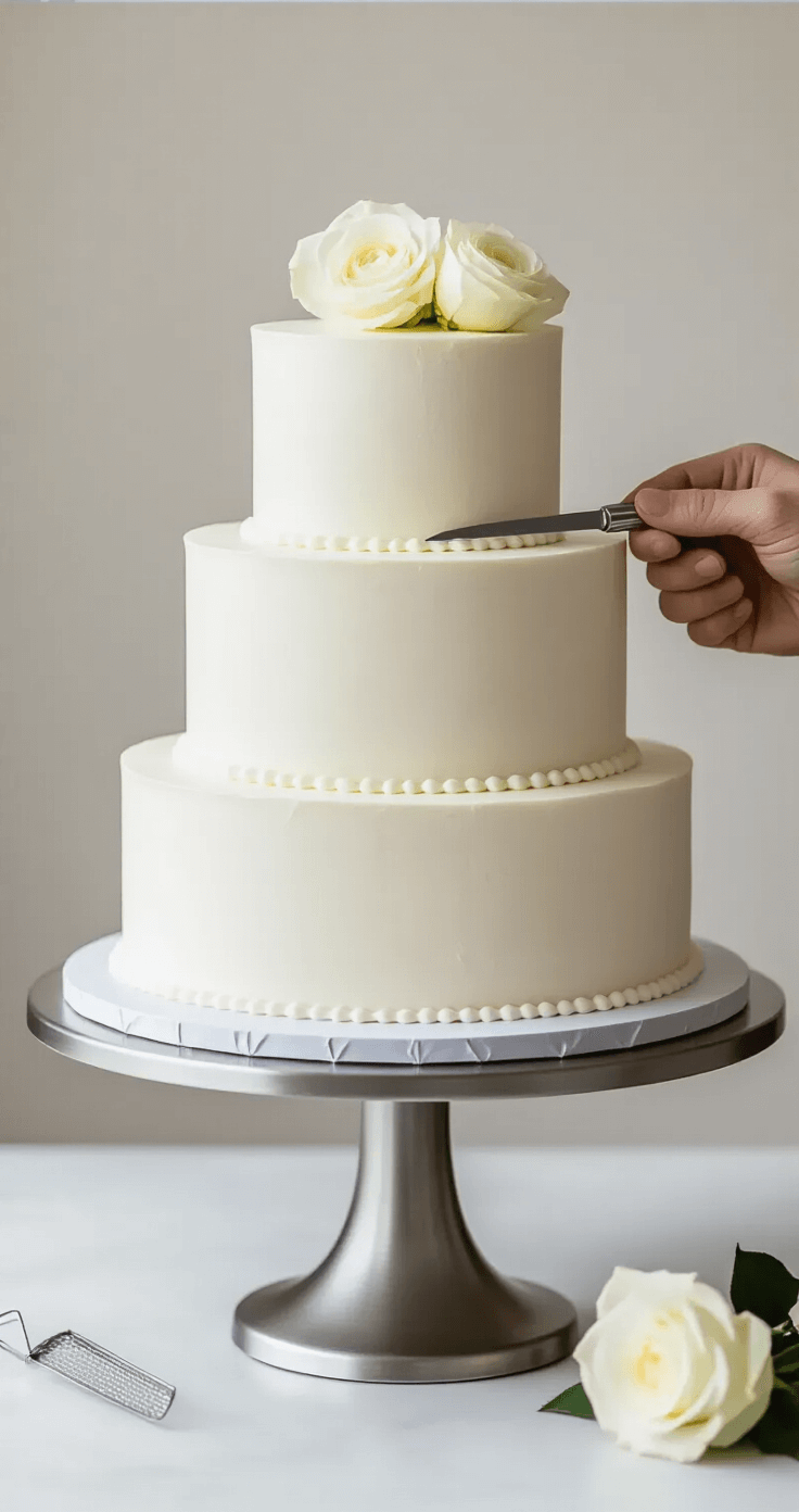 An elegant three-tier white wedding cake being assembled on a metallic stand, showcasing sharp edges and a smooth buttercream finish, with delicate support dowels and a fresh white rose as an accent.