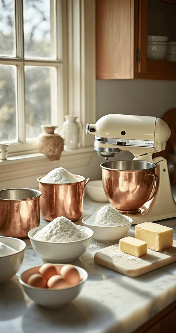 A sunlit vintage kitchen counter adorned with antique copper measuring cups, white flour mounds, farm-fresh eggs, and crystalline sugar, featuring a cream-colored stand mixer and softening butter on marble, creating a nostalgic baking atmosphere.