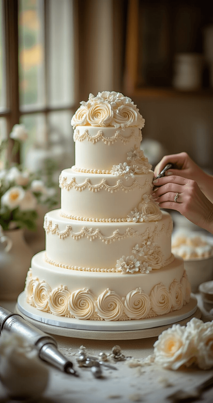 An elegant pastry workspace with a three-tiered white wedding cake being adorned with Lambeth-style piping and pearlescent buttercream, surrounded by vintage silver piping tips, ornate pastry bags, and delicate sugar flowers, illuminated by warm studio lighting.