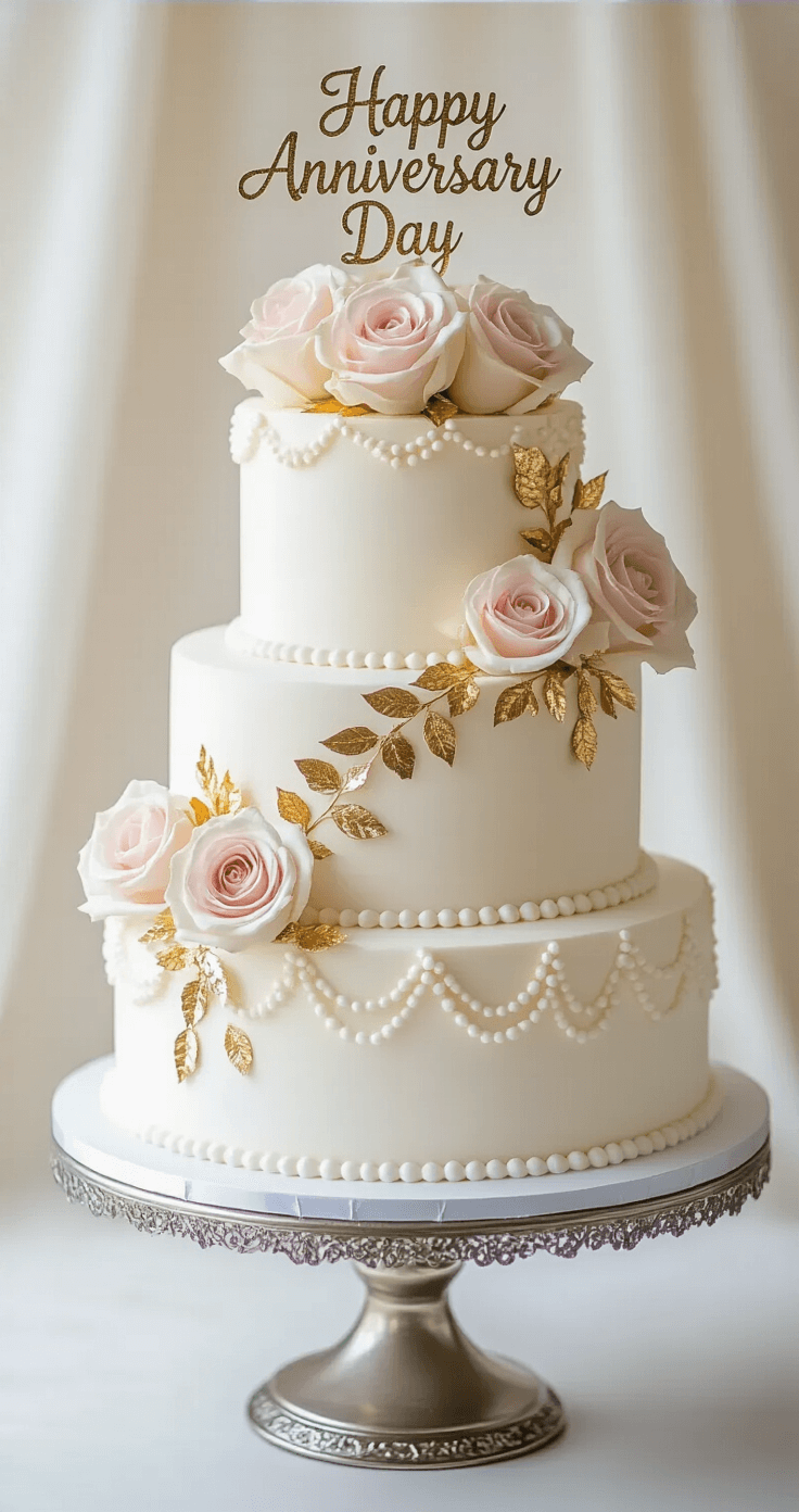 WEDDING ANNIVERSARY CAKE: THE ULTIMATE CELEBRATION DESSERT Elegant three-tiered white anniversary cake with delicate pearl borders, metallic gold leaf accents, and fresh pale pink roses, displayed on a silver cake stand against a soft-focus background, illuminated by gentle studio lighting.