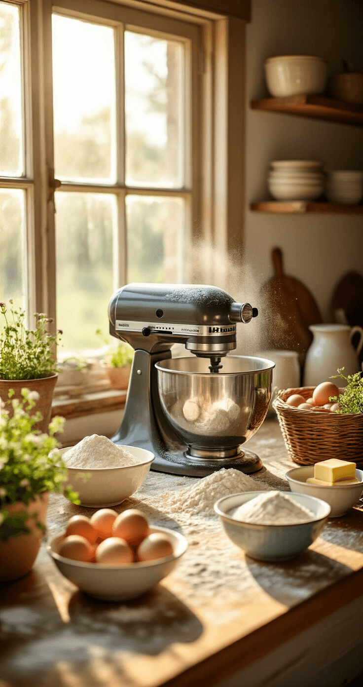 A rustic farmhouse kitchen bathed in golden morning light, showcasing flour-dusted wooden countertops, a professional stand mixer, and vintage ceramic bowls filled with carefully measured baking ingredients, surrounded by fresh eggs, butter, sifted flour, herbs, and edible flowers.