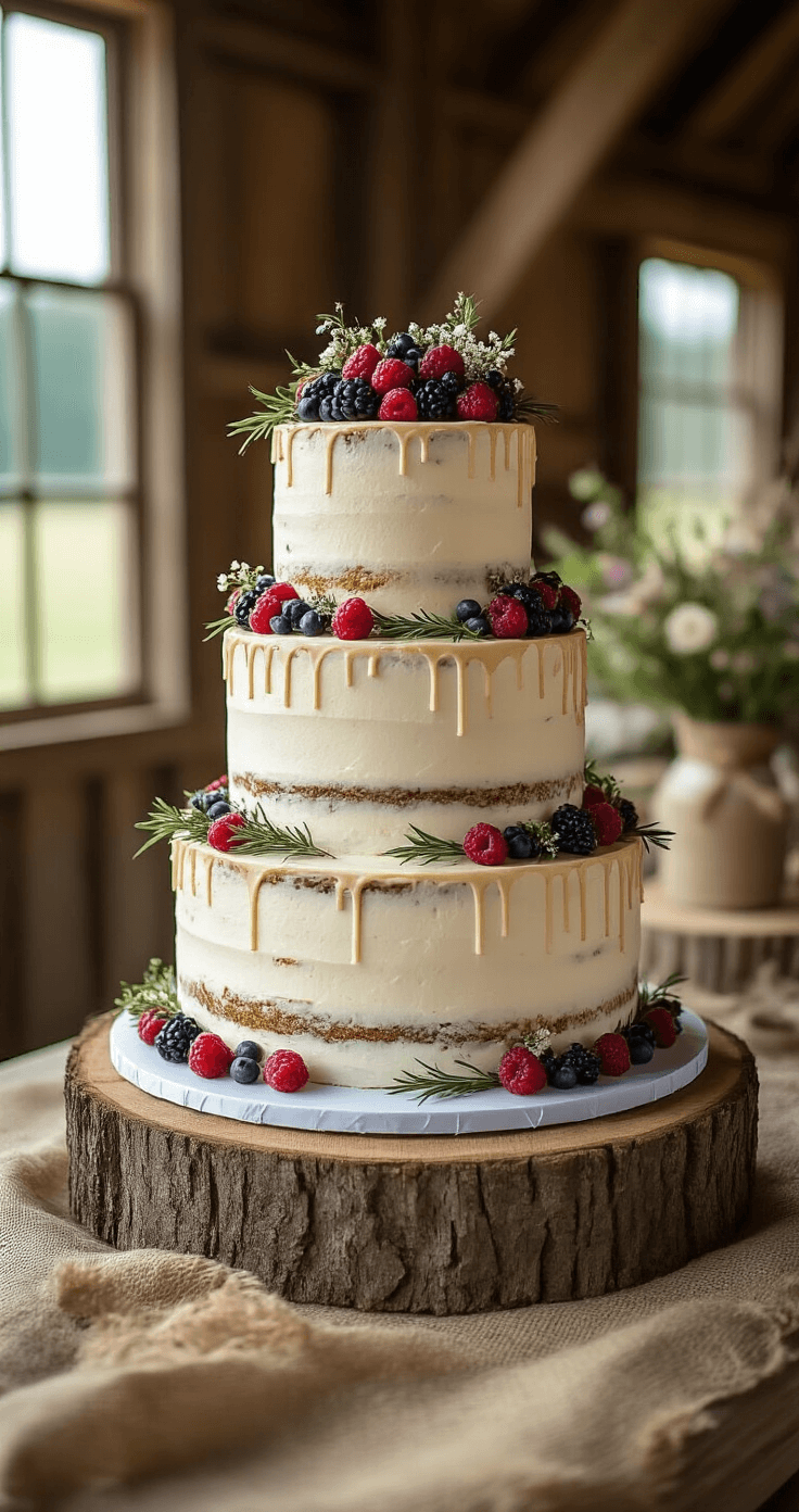 Elegant three-tiered rustic wedding cake on a wood slice stand, featuring textured buttercream, organic drips, wild berries, edible flowers, and rosemary, set in a warm barn with soft afternoon light.