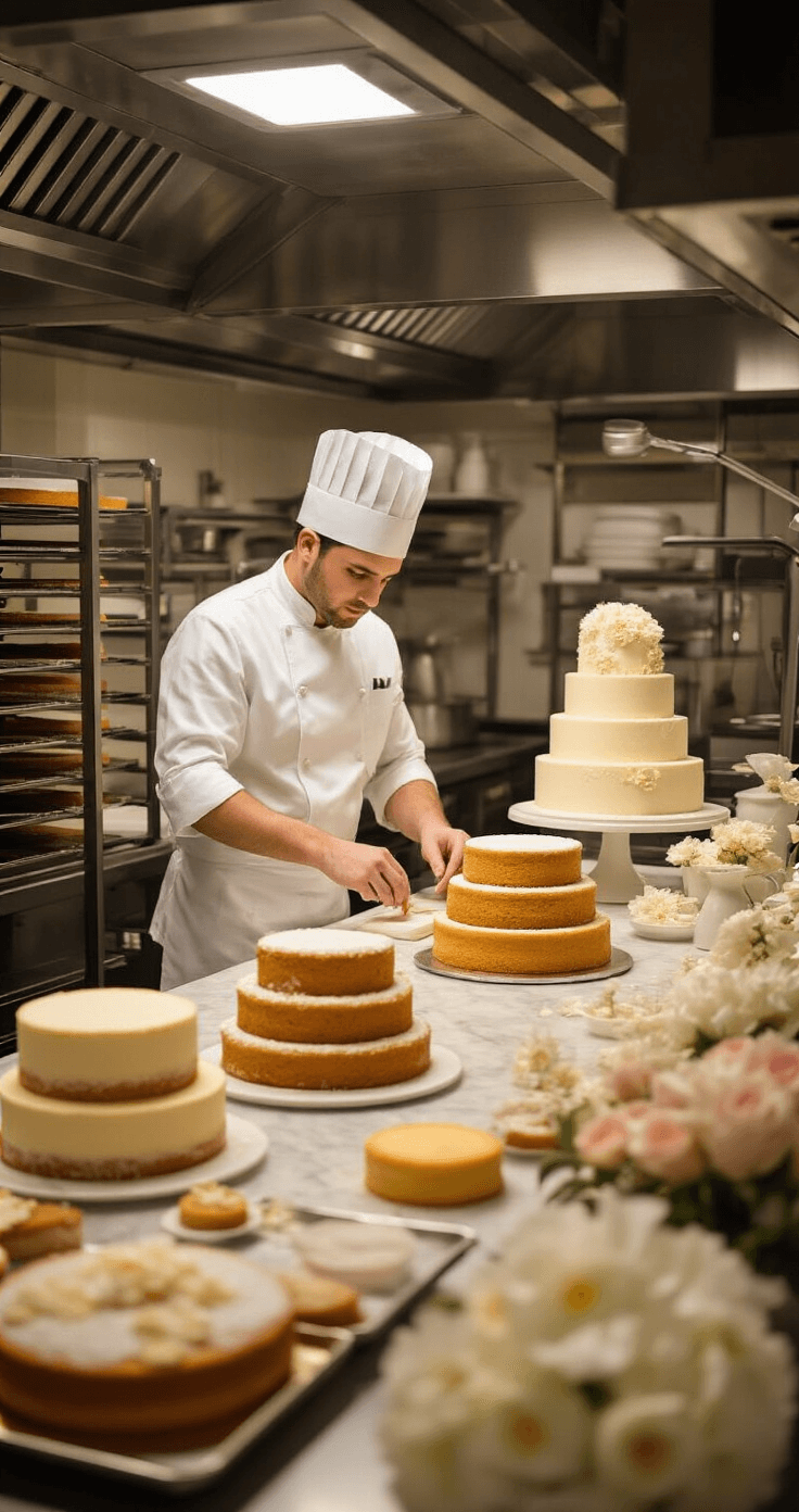 A professional pastry kitchen with a master baker measuring ingredients on a marble countertop, surrounded by cooling golden sponge cakes, shiny stainless steel equipment, and delicate sugar flowers in progress.