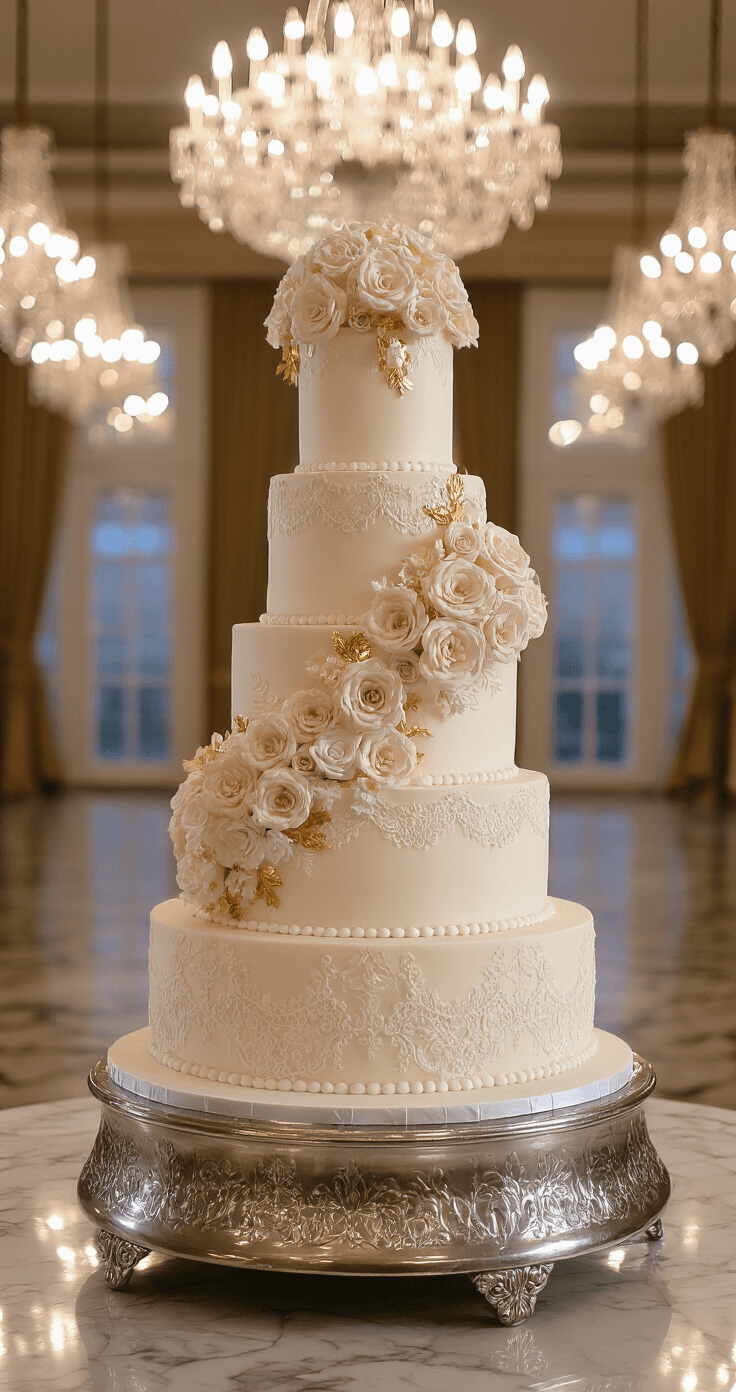 An opulent ballroom with crystal chandeliers and a six-tier wedding cake on a silver stand, adorned with lace patterns, sugar flowers, and gold accents, reflecting on a polished marble floor.