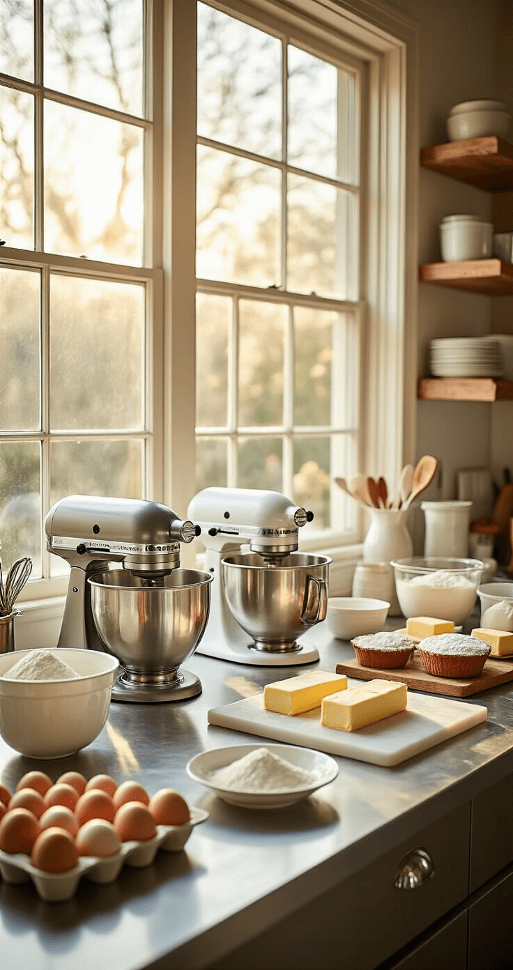 A professional bakery kitchen featuring stainless steel countertops with organized baking tools, fresh ingredients, and a marble pastry board, all illuminated by warm natural light from large windows.