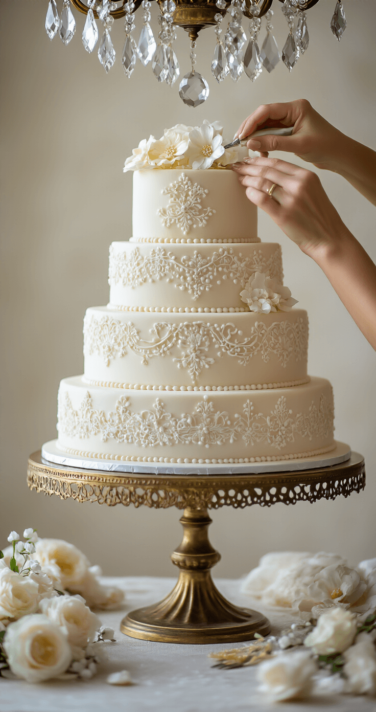 Three-tiered wedding cake being decorated with pearl-white fondant and intricate lace patterns on an antique brass stand, surrounded by sugar flowers, under soft afternoon light and a sparkling chandelier.
