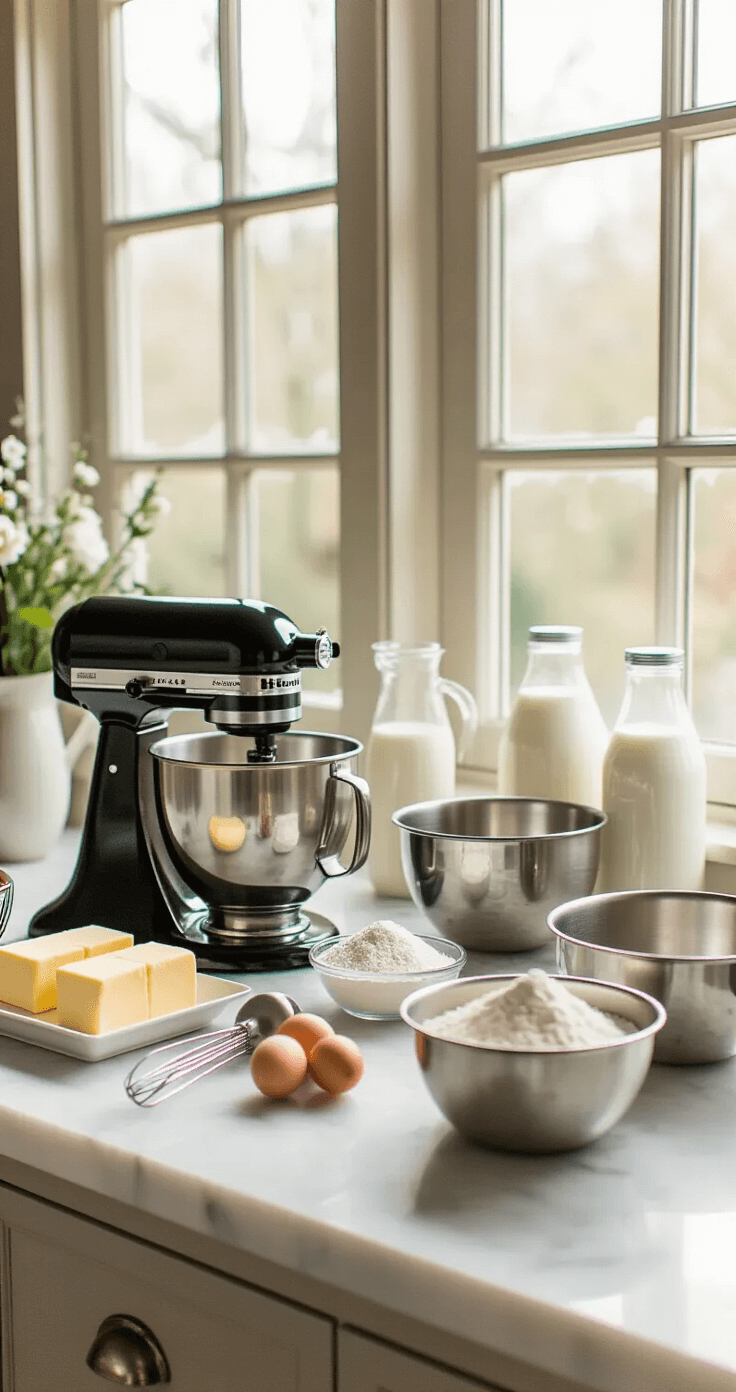 Professional kitchen setup for wedding cake preparation, featuring a marble countertop, measuring tools, and ingredients like butter, eggs, and cake flour, illuminated by natural light.