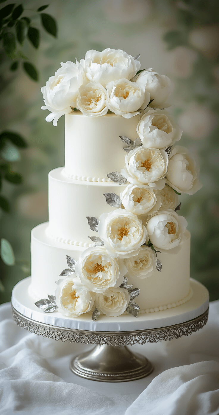 Stunning three-tiered white wedding cake on a silver stand, featuring rosette details, fresh peonies, and silver leaf accents against a soft-focus botanical backdrop.