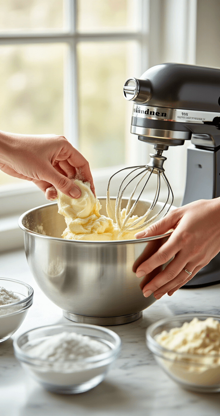Close-up of hands creaming butter and sugar in a stainless steel mixing bowl, with natural light highlighting sugar wisps; professional stand mixer and measured ingredients in glass bowls create an elegant baking scene.