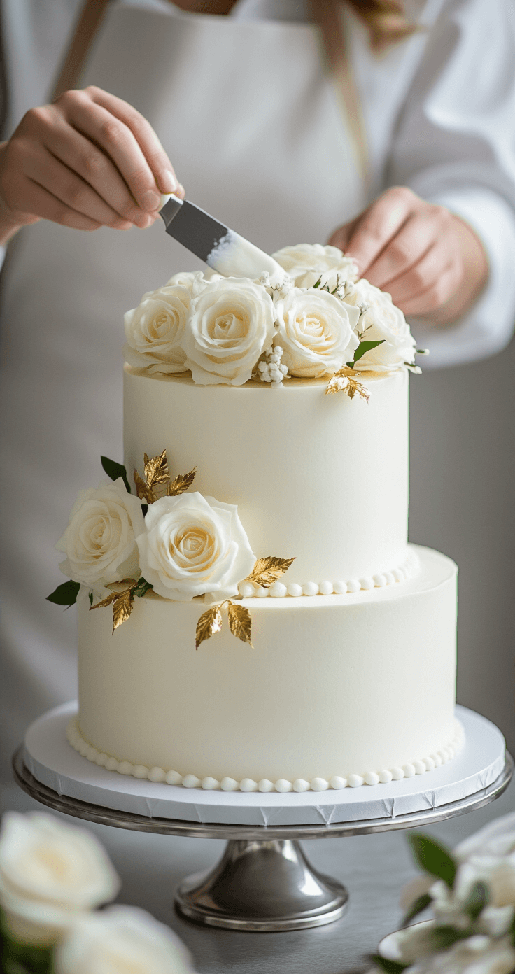 A professional bakery setting with a two-tier white wedding cake being assembled on a silver cake stand, featuring pearl-white buttercream, fresh white roses, and gold leaf accents, illuminated by gentle afternoon light.