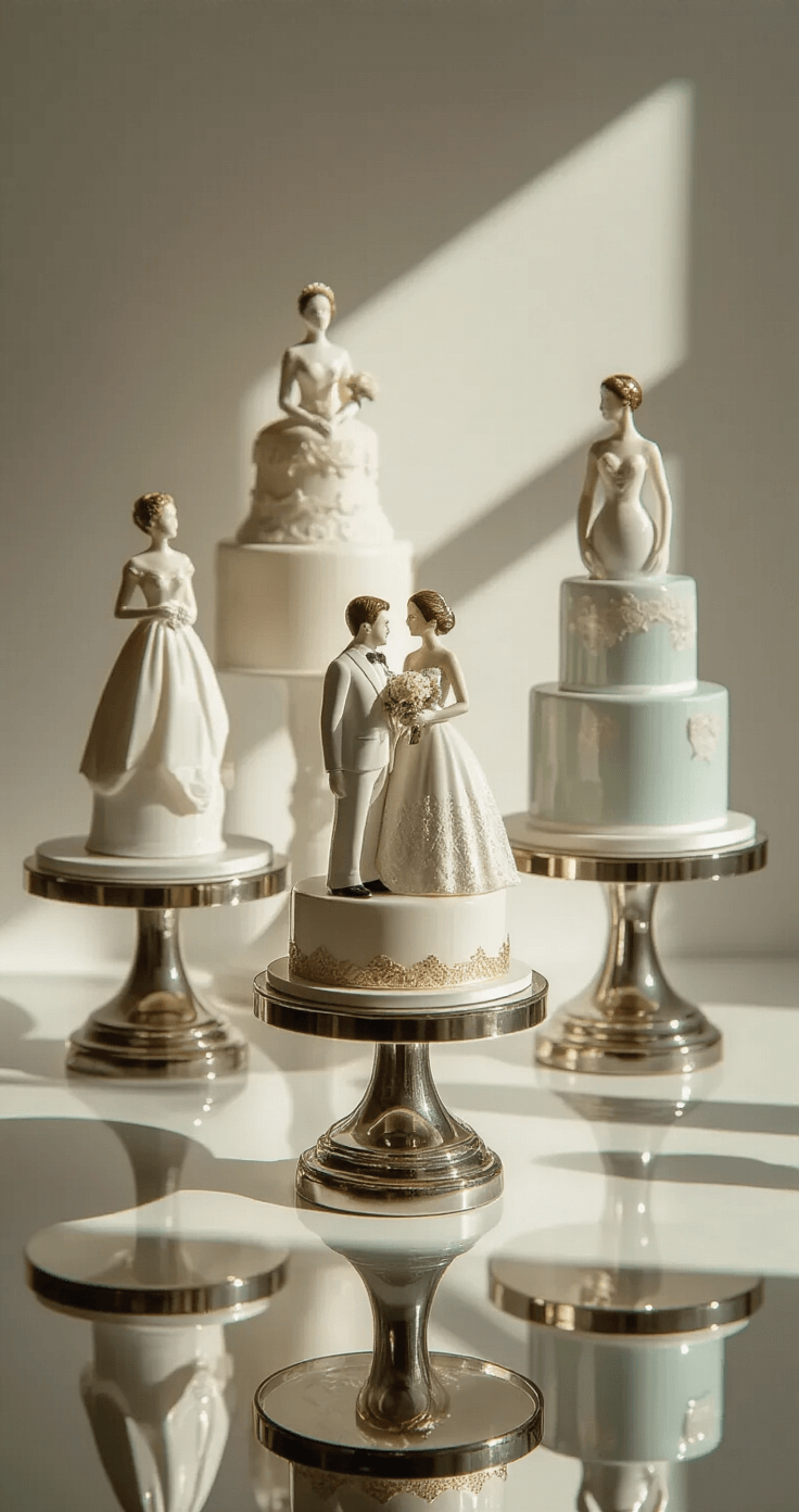 A beautifully arranged display of elegant wedding cake toppers on mirrored pedestals, showcasing various materials like porcelain, acrylic, and metal, illuminated by soft studio lighting against a crisp white background.