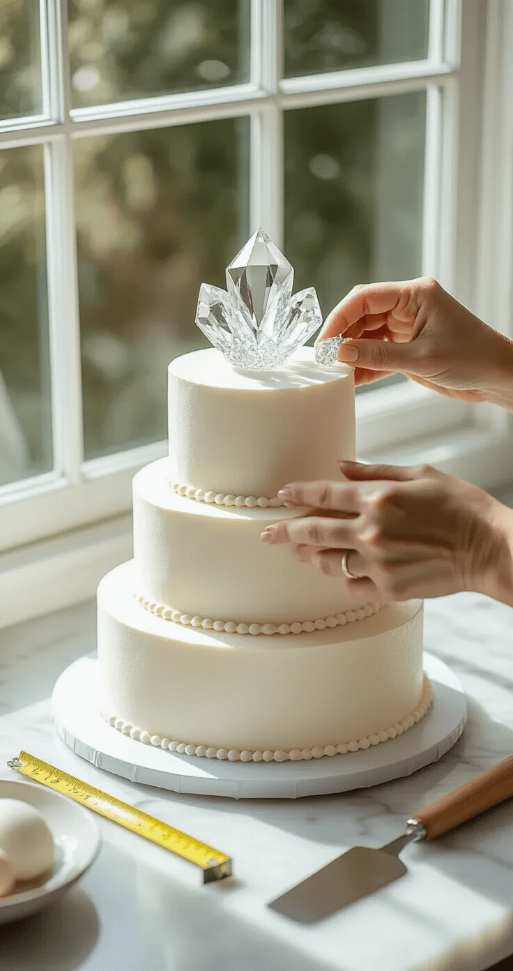 Overhead shot of hands placing a crystalline acrylic wedding topper on a white three-tier cake, with light creating shadows, measuring tape and spatula nearby on a marble countertop.