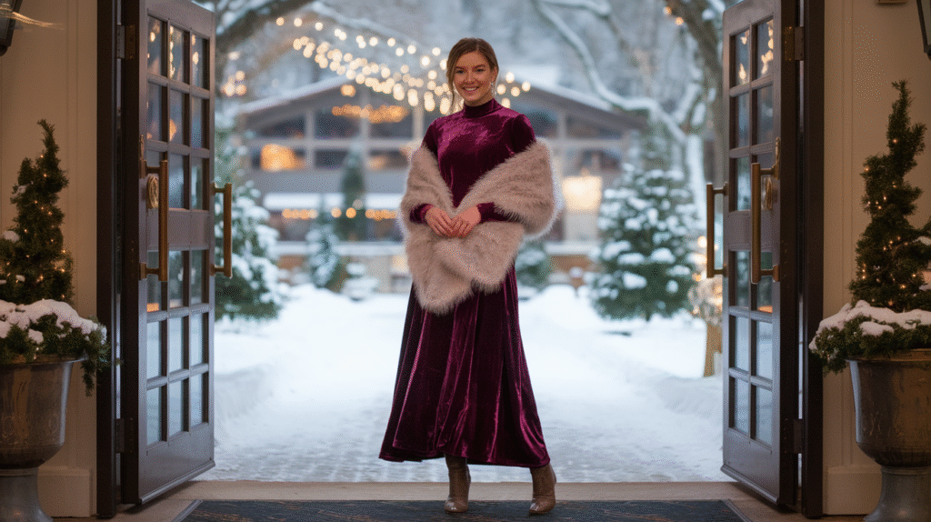 a woman wearing a velvet dress with a soft faux fur shawl
