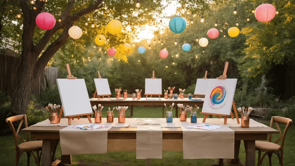 A dreamy backyard art party setup at golden hour, featuring rustic wooden tables under string lights, with easels holding pristine canvases, vintage jars of jewel-toned acrylic paints, and artisanal paintbrushes. Dappled sunlight filters through trees, illuminating cream-colored tablecloths and protective kraft paper. Styled paint palette in the foreground and a gallery wall of artworks with fairy lights in the background, all captured with soft bokeh and shallow depth of field.