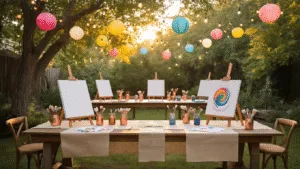 A dreamy backyard art party setup at golden hour, featuring rustic wooden tables under string lights, with easels holding pristine canvases, vintage jars of jewel-toned acrylic paints, and artisanal paintbrushes. Dappled sunlight filters through trees, illuminating cream-colored tablecloths and protective kraft paper. Styled paint palette in the foreground and a gallery wall of artworks with fairy lights in the background, all captured with soft bokeh and shallow depth of field.