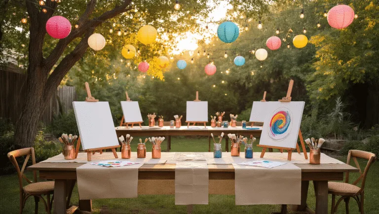 A dreamy backyard art party setup at golden hour, featuring rustic wooden tables under string lights, with easels holding pristine canvases, vintage jars of jewel-toned acrylic paints, and artisanal paintbrushes. Dappled sunlight filters through trees, illuminating cream-colored tablecloths and protective kraft paper. Styled paint palette in the foreground and a gallery wall of artworks with fairy lights in the background, all captured with soft bokeh and shallow depth of field.