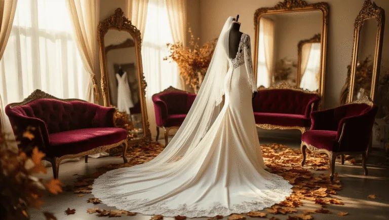 A sunlit bridal boutique with an ivory crepe wedding gown featuring long lace sleeves on a mannequin, surrounded by vintage gold mirrors, burgundy velvet seating, and autumn leaves, with a cathedral veil and warm golden light creating a romantic atmosphere.